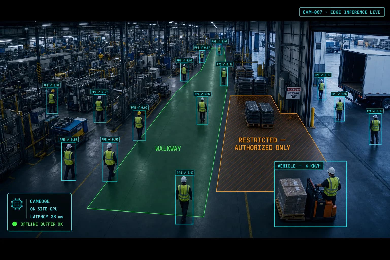 Factory floor with CamEdge live inference: PPE checks, walkway and restricted zones, and vehicle speed tracking