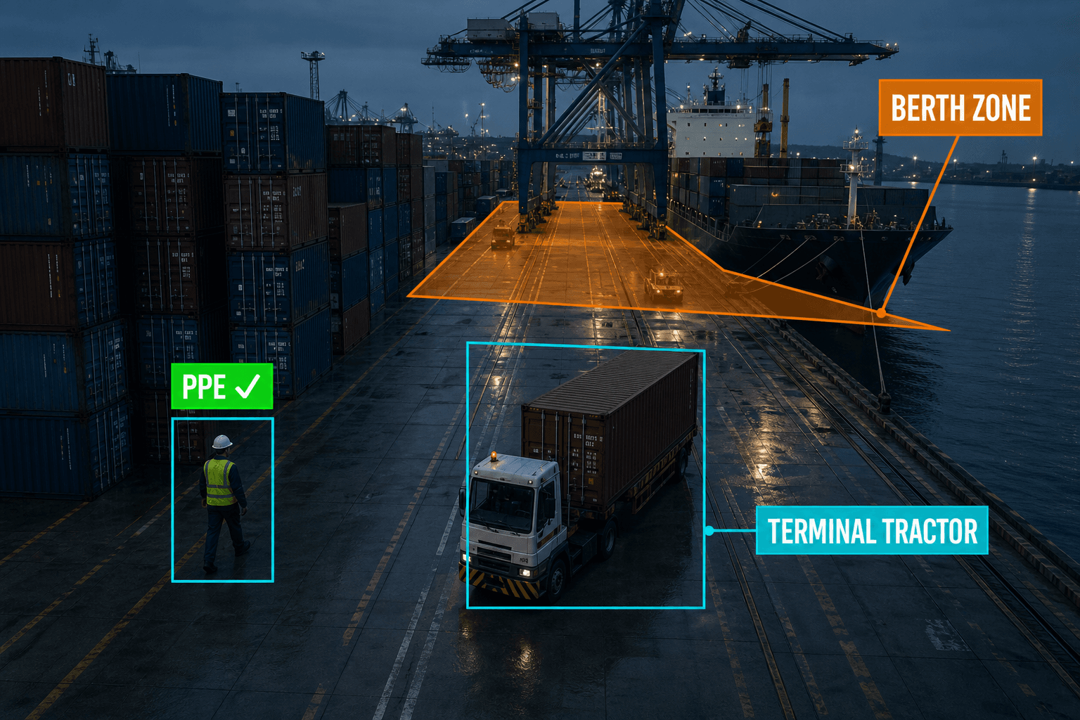 Container terminal with berth-zone and vehicle detection overlays