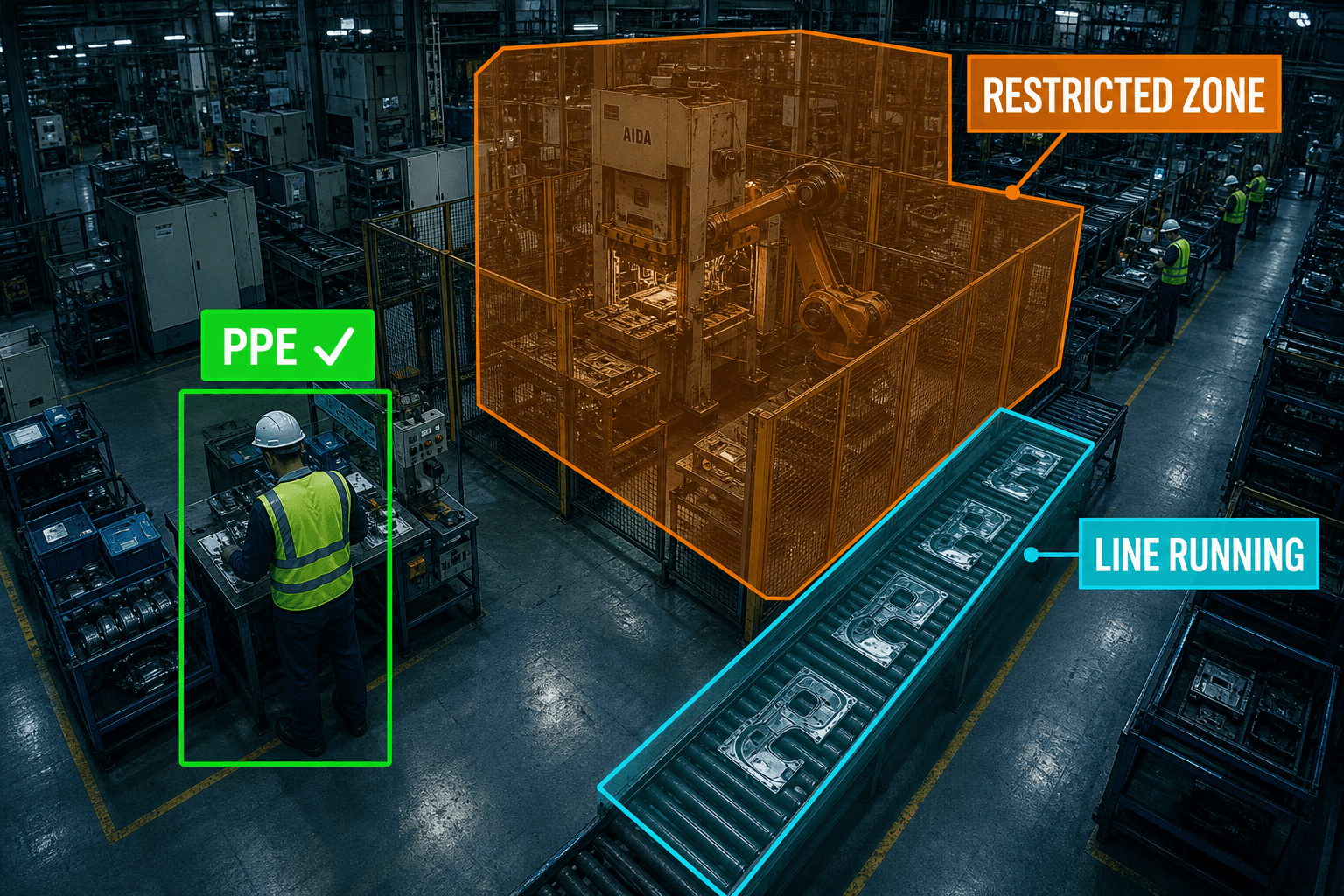 Manufacturing plant floor with PPE and restricted-zone detection overlays