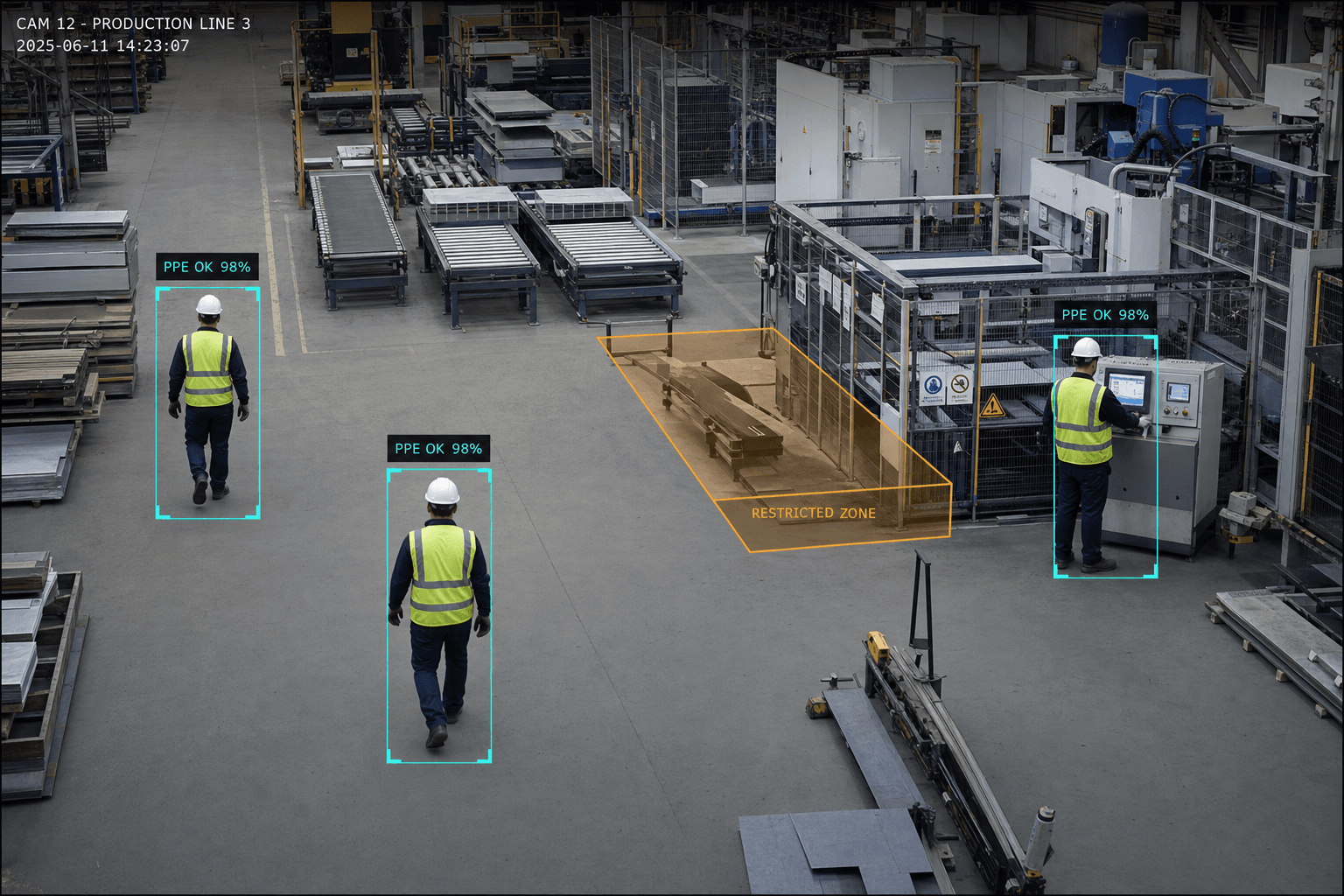 Production line viewed through Camnitive detection: PPE-compliant workers and a restricted zone highlighted