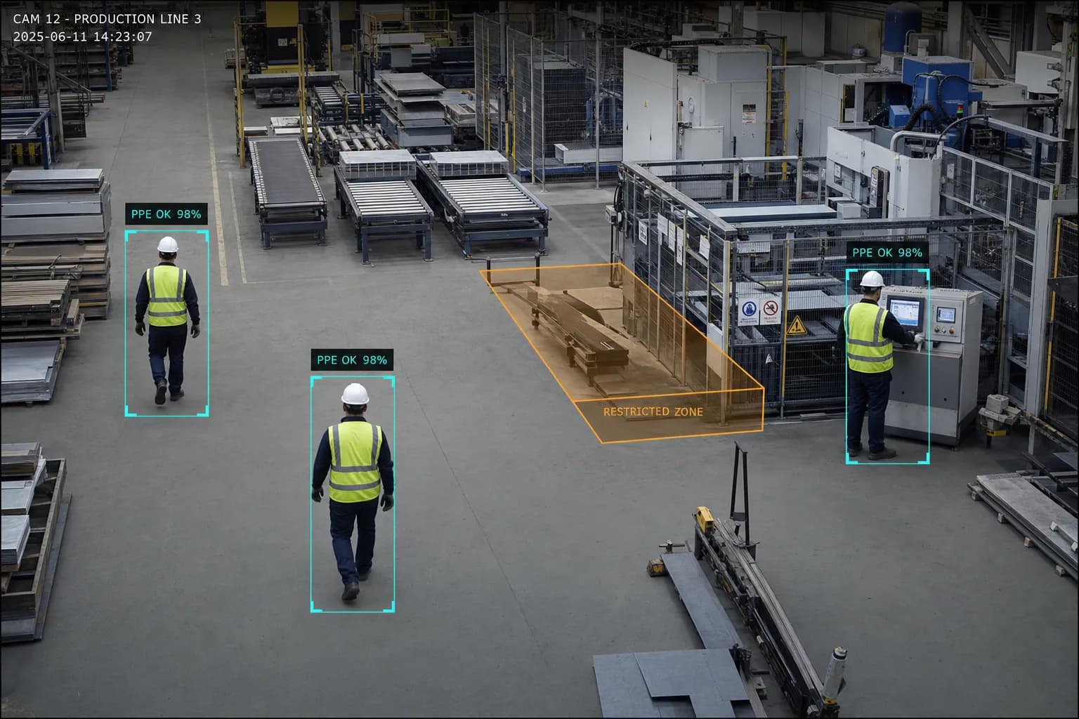 Production line viewed through Camnitive detection: PPE-compliant workers and a restricted zone highlighted