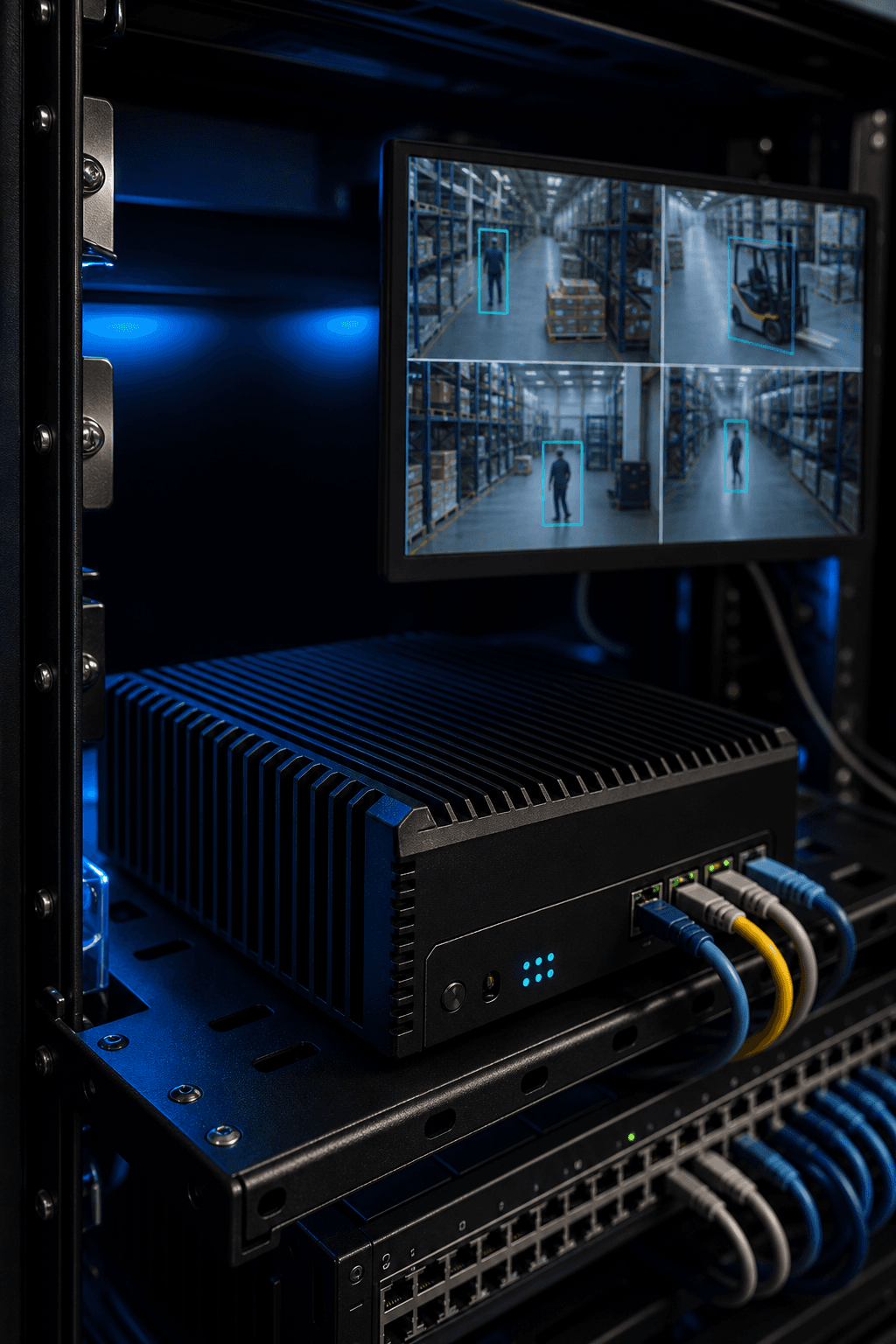 CamEdge appliance running on-prem GPU inference beside a monitor of annotated warehouse feeds