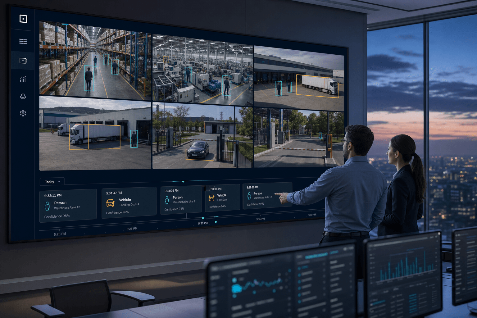 Operations team reviewing the CamCore event timeline across warehouse, factory, dock, and gate cameras