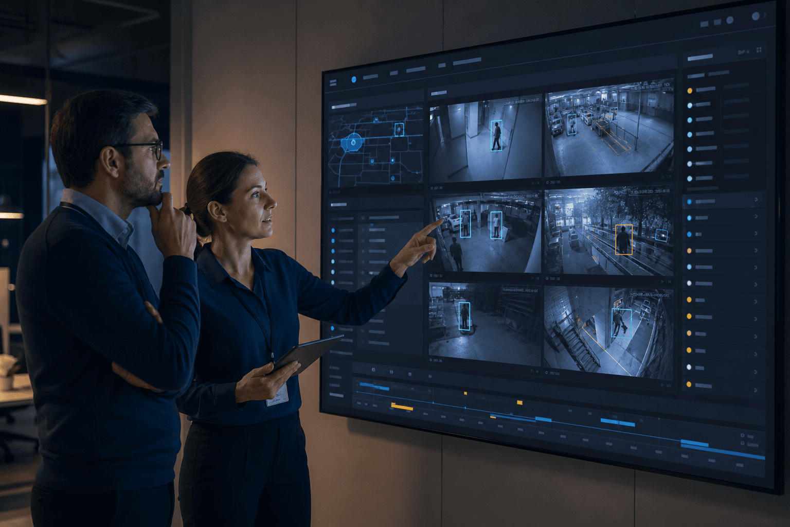 Operations team reviewing live annotated camera feeds on a Camnitive video wall