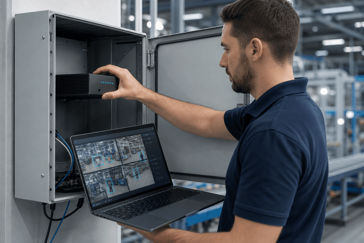 Field engineer installing a CamEdge appliance on the factory floor, with annotated feeds on a laptop