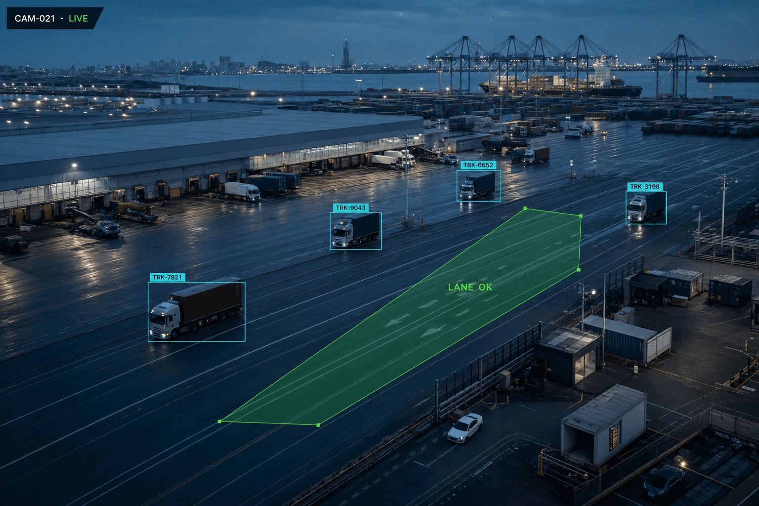 Port logistics yard monitored with vehicle detection and lane-compliance zones
