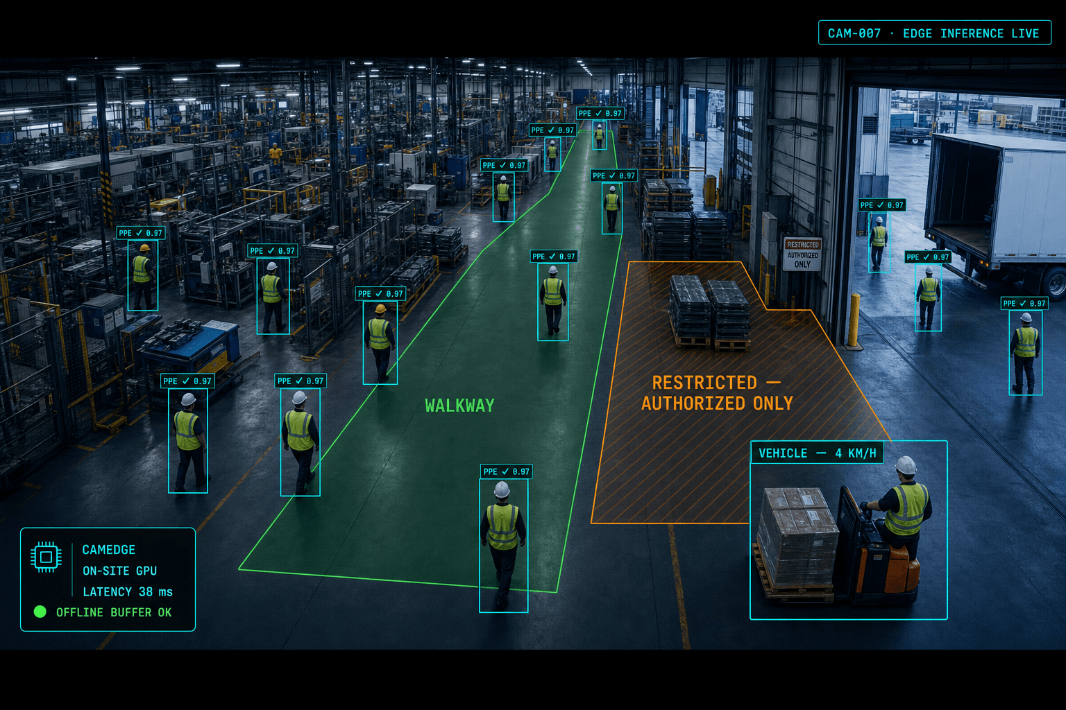 Factory floor with CamEdge live inference: PPE checks, walkway and restricted zones, and vehicle speed tracking