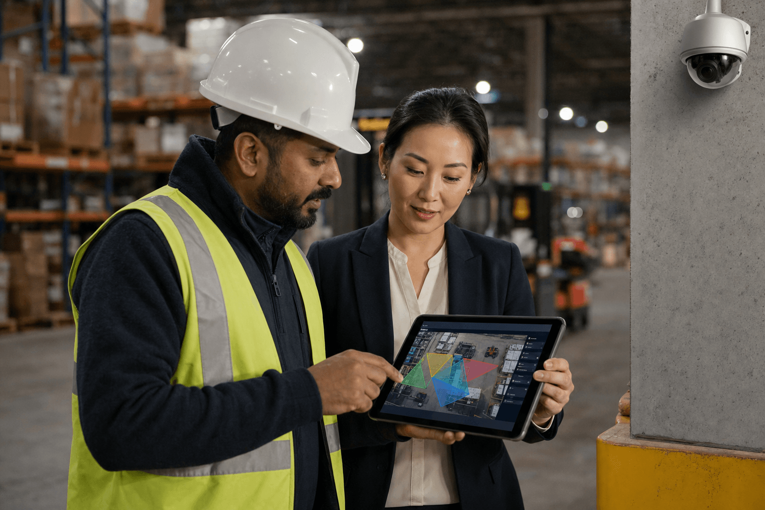 Camnitive field engineer configuring camera zones with a customer inside their warehouse