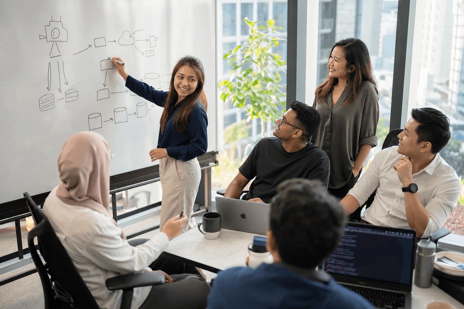 Camnitive team sketching a deployment architecture together at a whiteboard