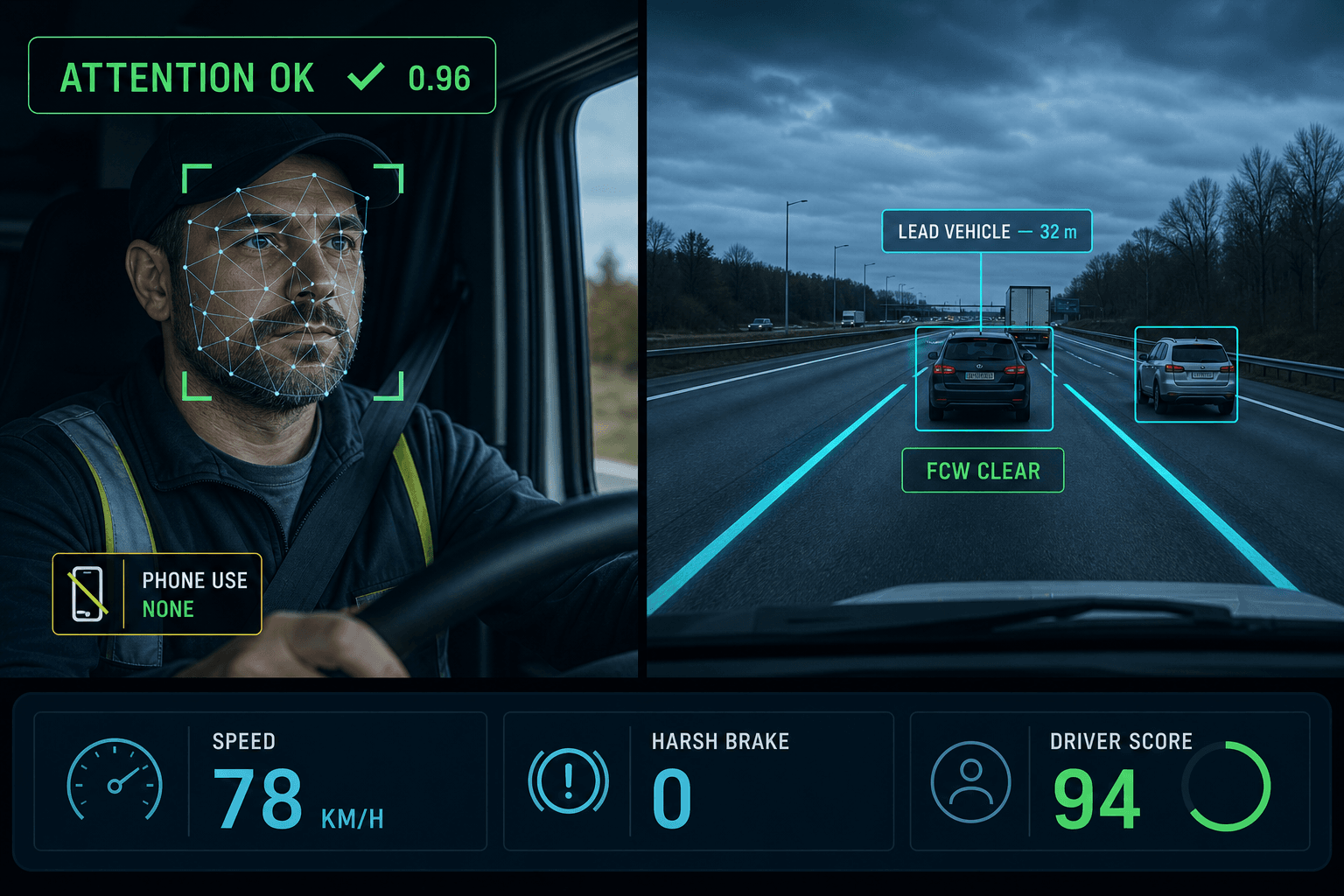 DriveSense in-cab attention monitoring and forward collision awareness with live driver telemetry