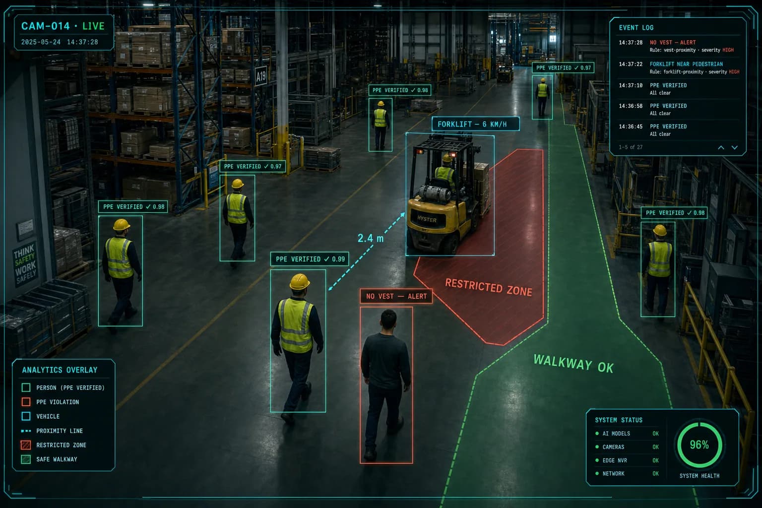 Live camera view annotated by Camnitive: PPE verification, restricted-zone and walkway polygons, forklift proximity distance, and a real-time event log