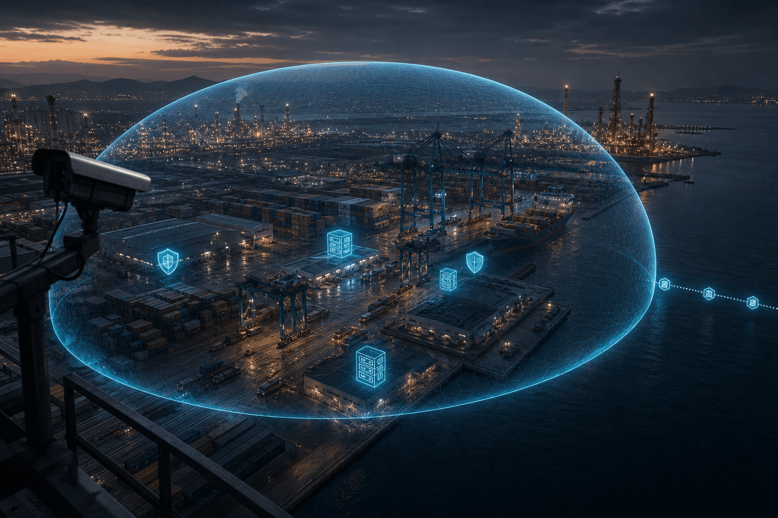 Gulf industrial port at dusk enclosed in a translucent holographic dome, with only a thin trail of event tokens crossing the boundary