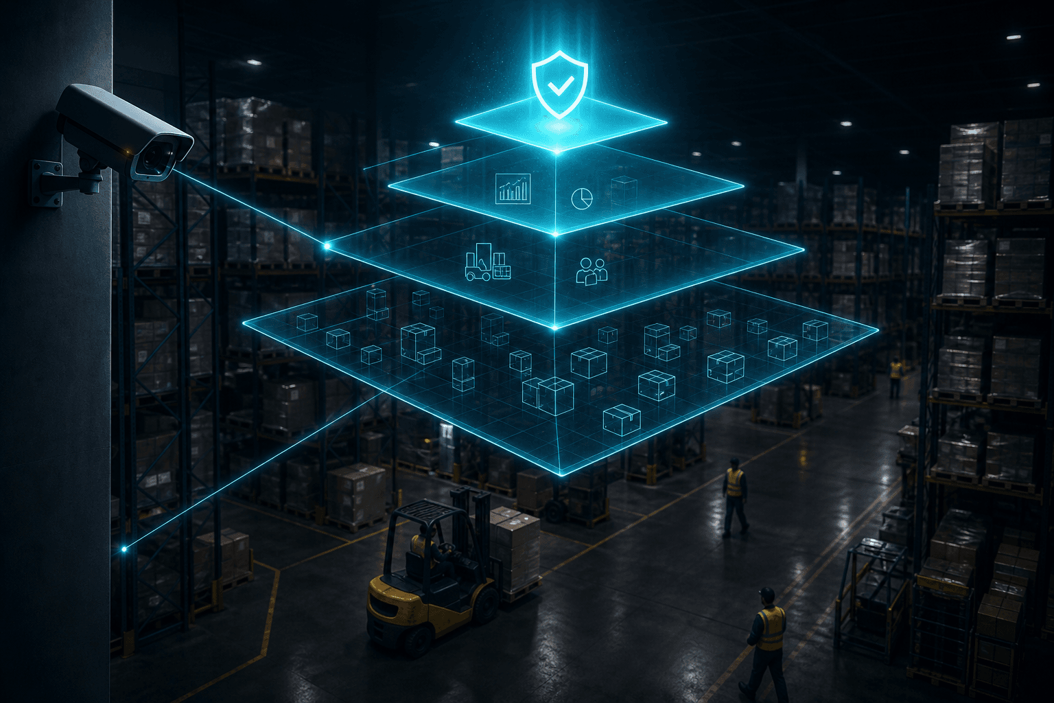 Warehouse with a glowing holographic four-layer pyramid above the floor, each higher layer brighter, topped by a shield icon