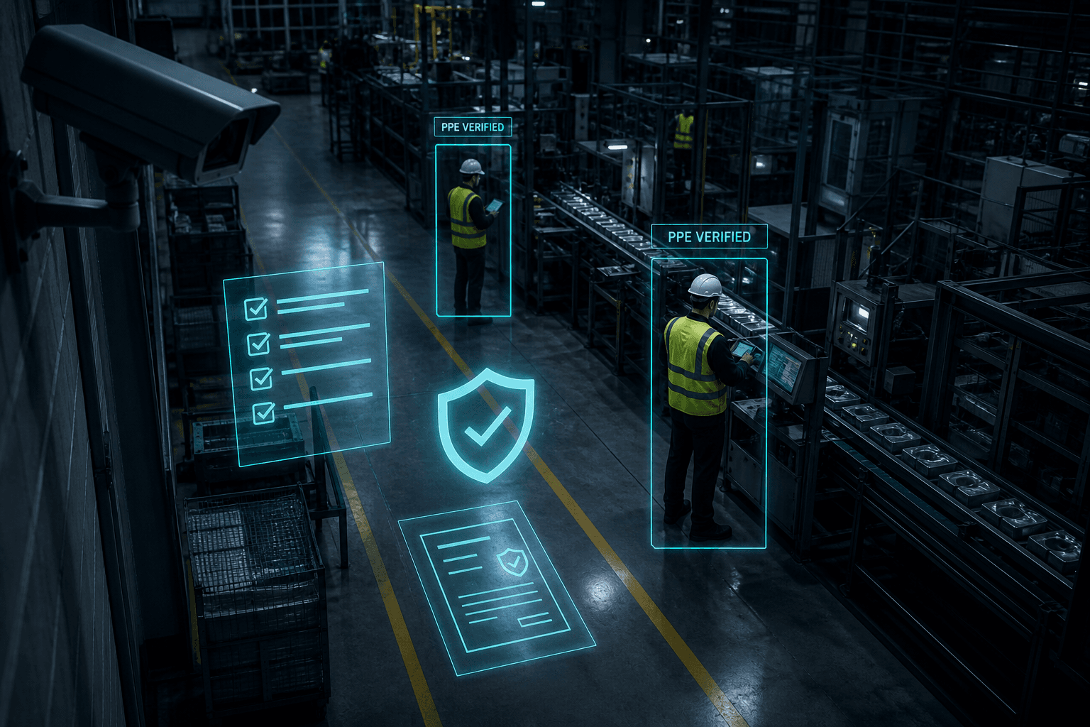 Factory floor seen from a security camera, with holographic compliance checklists and PPE-verified overlays on workers