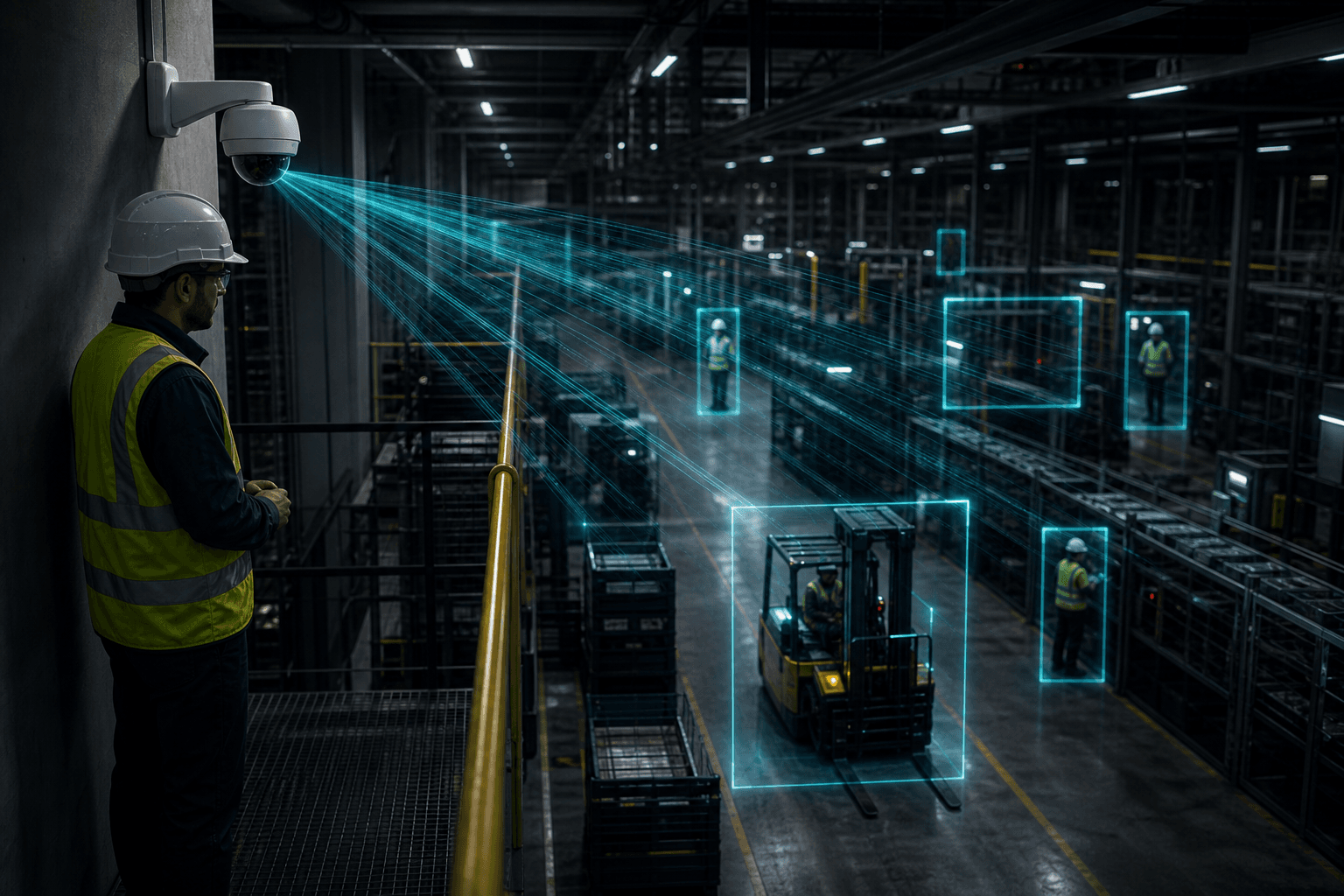Technician on a factory mezzanine looking at a CCTV dome camera projecting holographic detection overlays across the plant floor