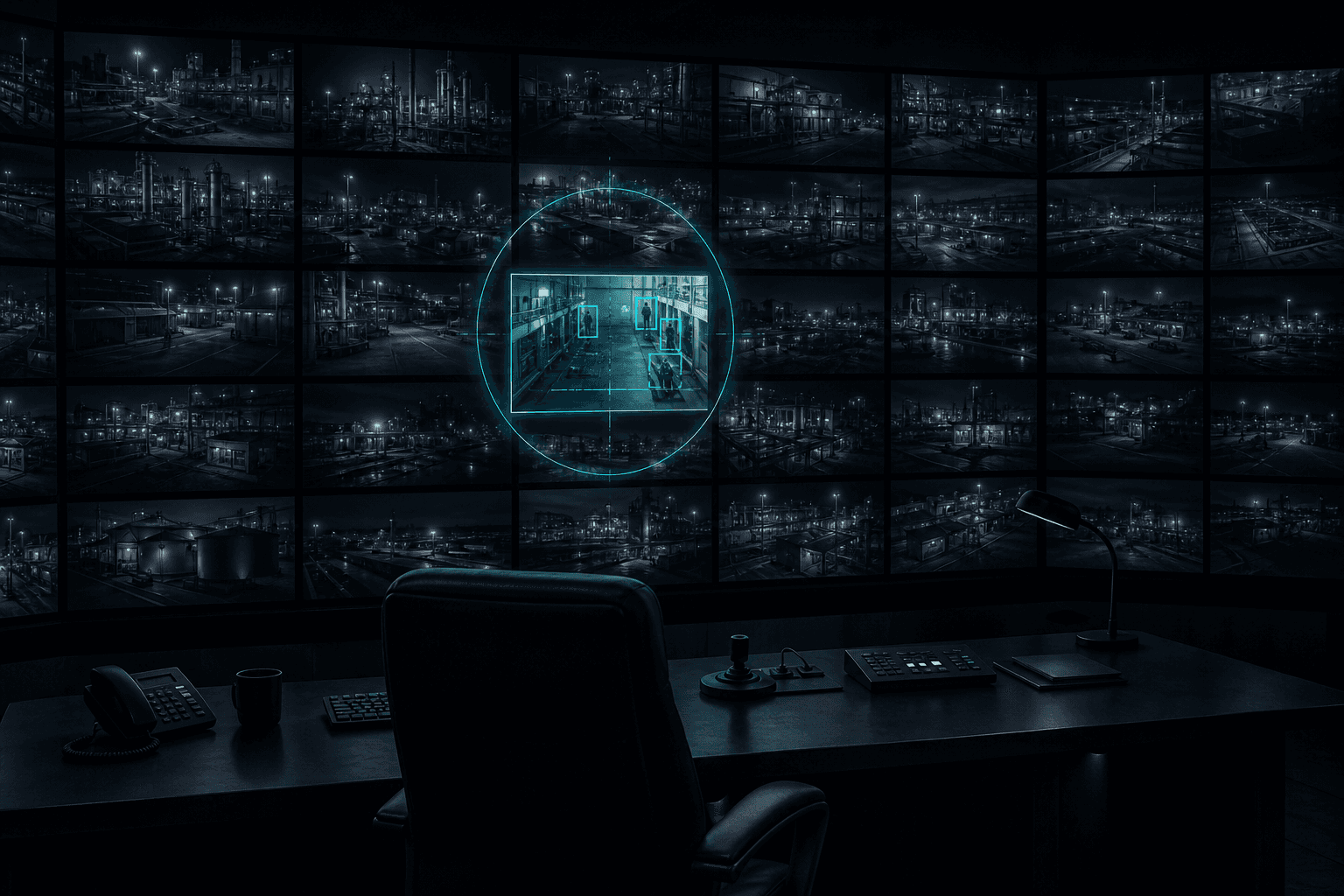 Dark security control room with a wall of dozens of dim camera feeds and a single analyzed feed glowing with detection overlays