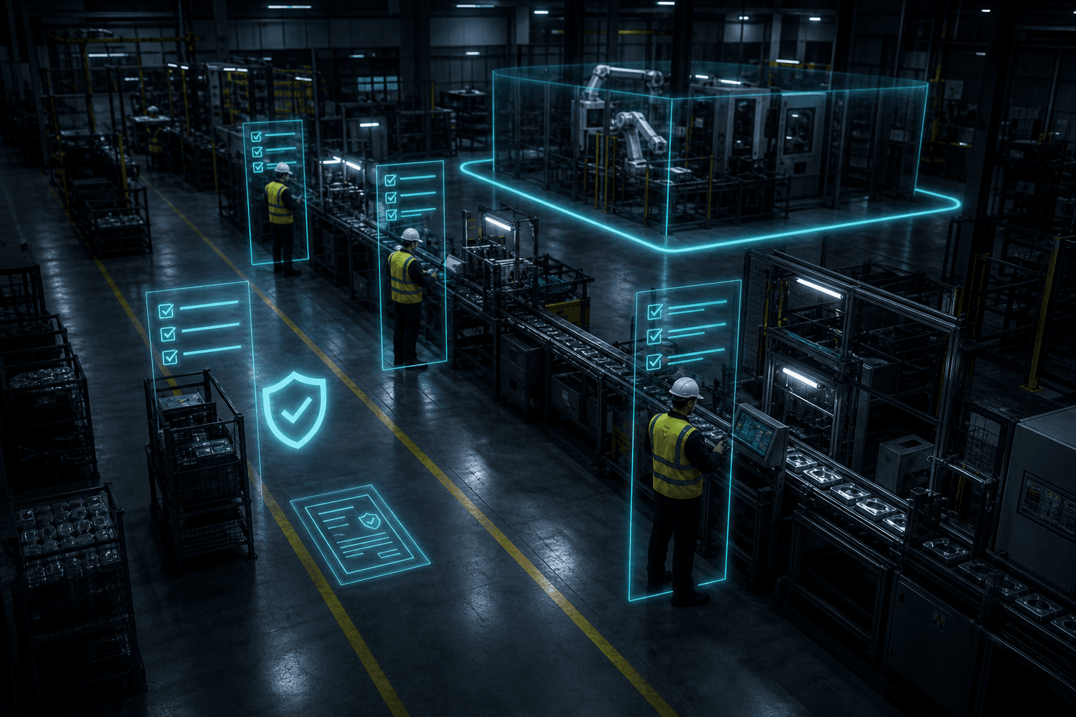 Production line with holographic PPE-verification checkmarks over workers and a glowing exclusion-zone boundary around a machine cell