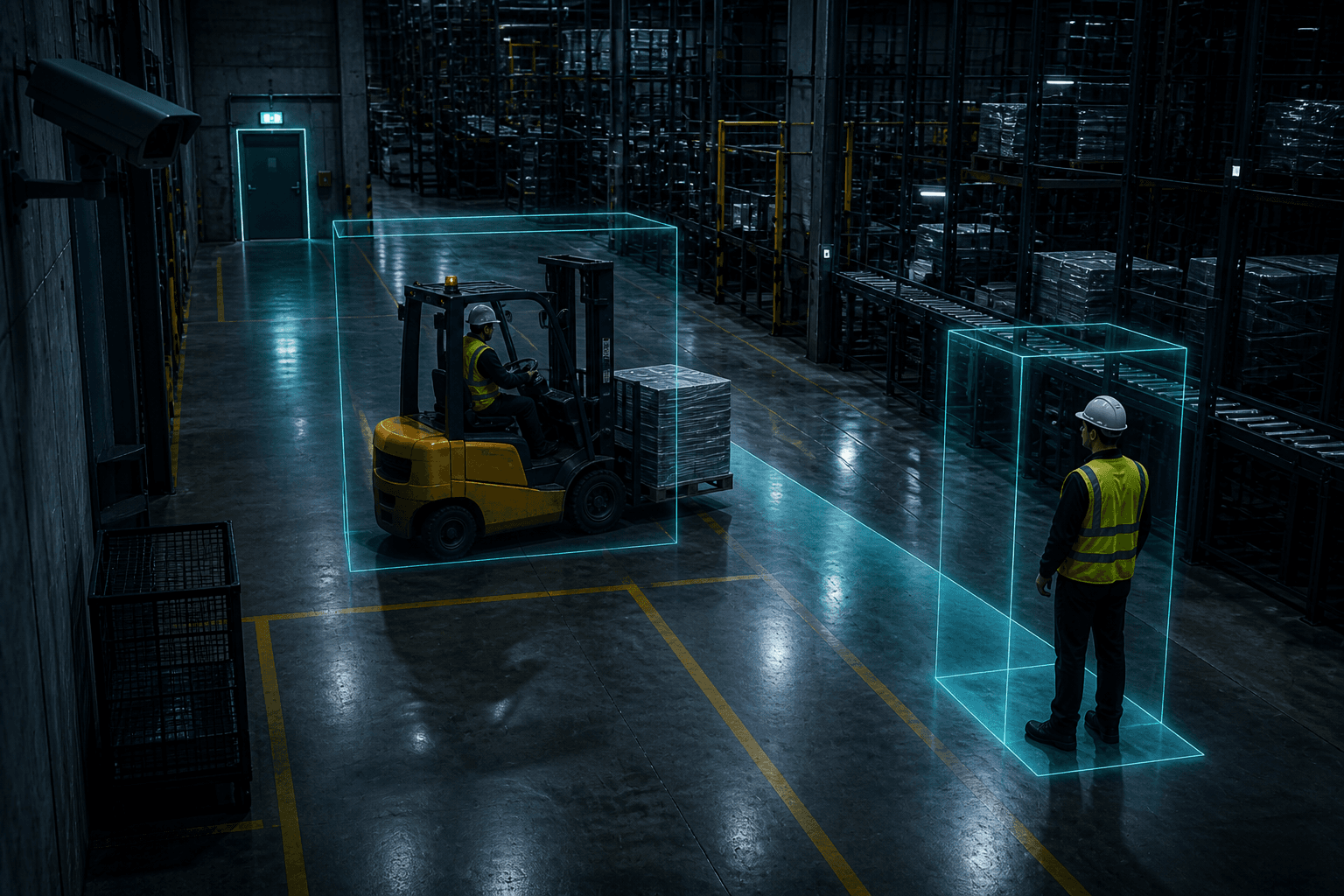 Warehouse aisle with a forklift and a worker separated by a holographic boundary line, detection boxes around both