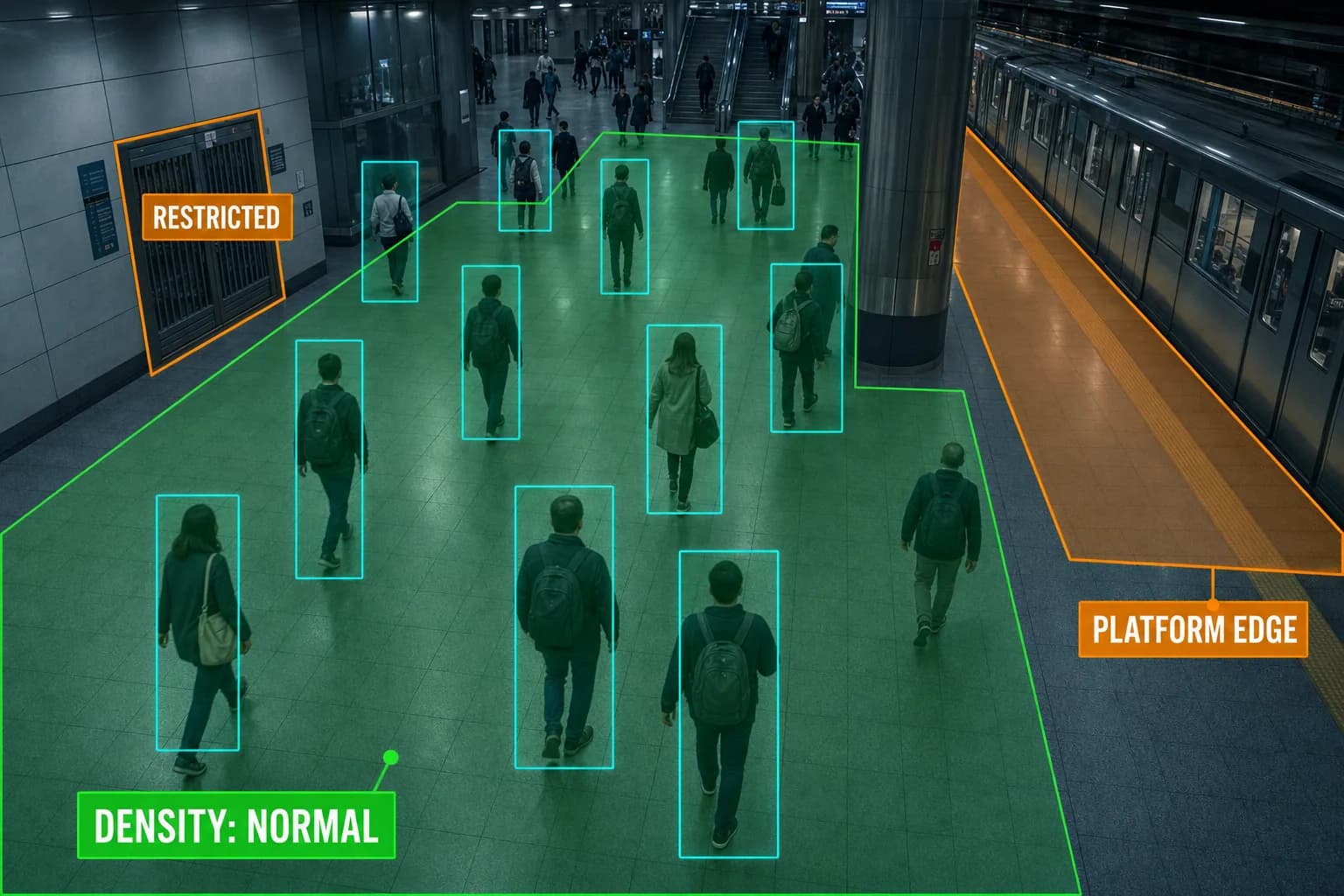 Station concourse with crowd-density and platform-edge detection overlays